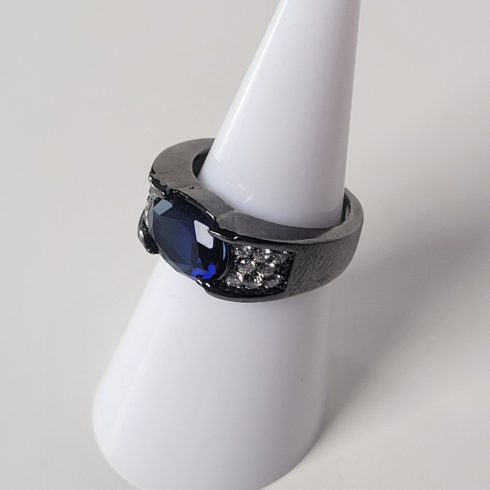Gunmetal Blue Faceted Stone Ring CZ Accents Men's Style Size 6 Vintage Look